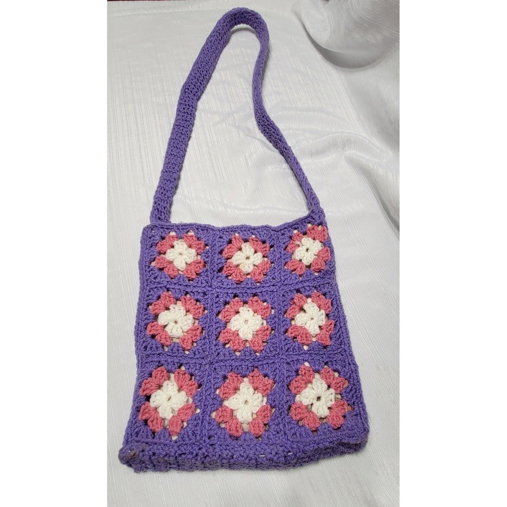 Boho flower child Handmade Granny Shoulder Bag Purple Pink White Boho Lined Tote
